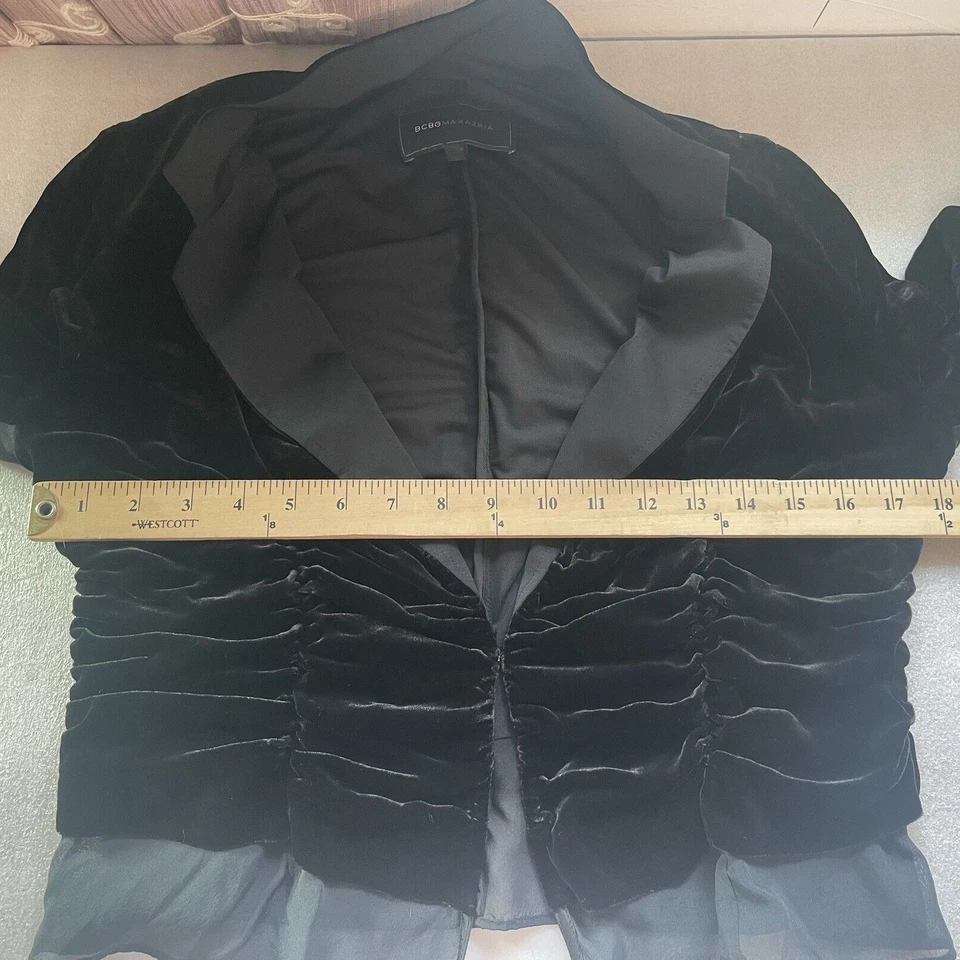 Chaqueta BCBGMAXAZRIA Mujer Mediana Negra Terciopelo Mezcla Seda Manga Ajustada Top Gótico Foto 3 de 4