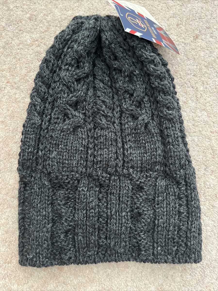 Highland 2000 Cuffed British Wool Cable Knit Beanie Hat. Charcoal