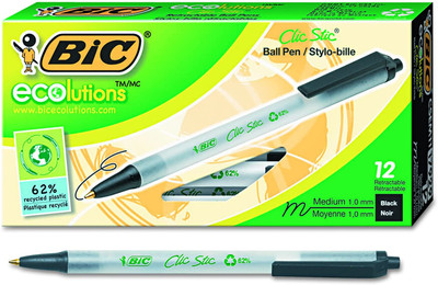 Bic ecolutions clic stic rt ballpoint pens, medium point, 1.0 mm, Black Ink/clear barrel, 12/pk (070330179295)
