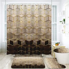 Modern Brown Gradient Shower Curtain Set with Golden Geometric Lines