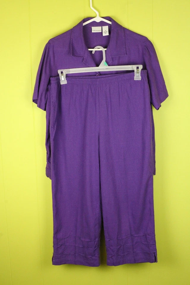 Kim Rogers Women M Linen Blend 2 Pcs Set Short Sleeve Top, Crop Pants Purple EUC - Image 2 of 4
