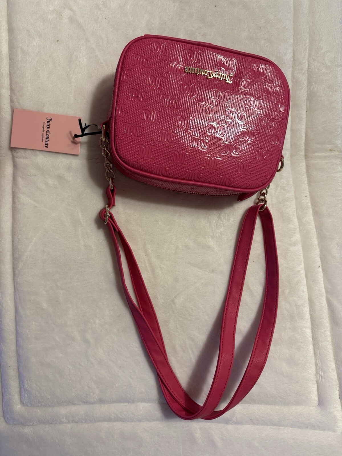 Juicy Couture Word Search Lipstick PinkCrossbody Camera Purse Bag Gold Chain image 8