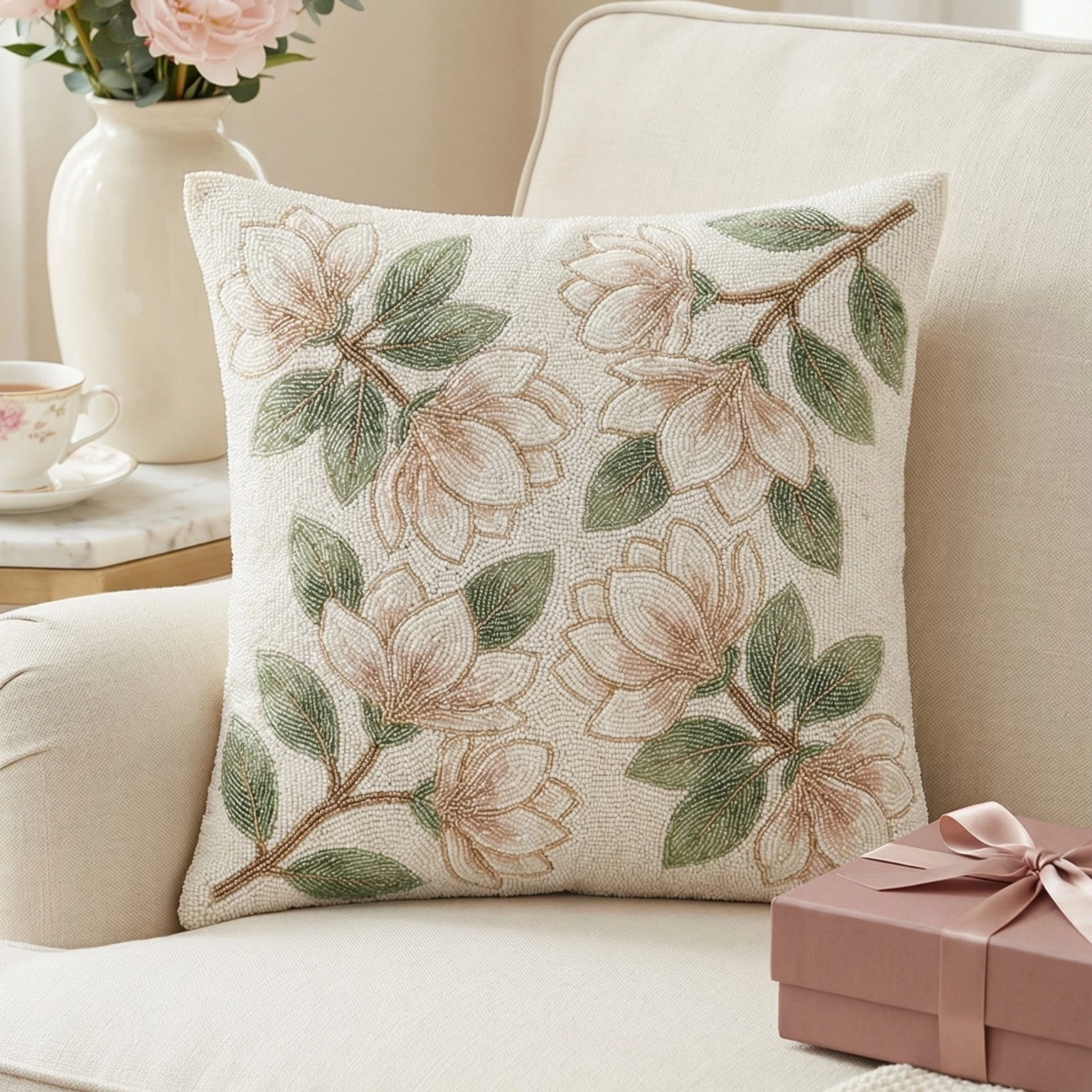 Hand-Beaded Magnolia Floral Decorative Throw Pillow Cover Luxury Accent Cushion