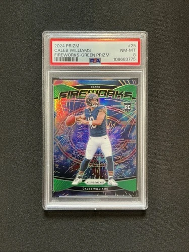 Caleb Williams 2024 Panini Prizm #25 Fireworks Green Prizm Rookie RC PSA 8