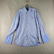 Paul Fredrick Dress Shirt Men 16.5 34 Blue Stripe French Cuff 2 Ply Cotton Dobby