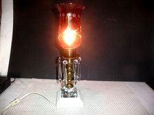 CRANBERRY ETCHED GLASS STACK  LAMP W CRYSTAL PRISMS ON MILK GLASS  & GLASS  BASE