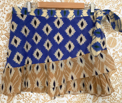 NWT ZARA Chic Boho Blue Tan Ikat Pattern Ruffled Mini Wrap Skirt  XL Vacation