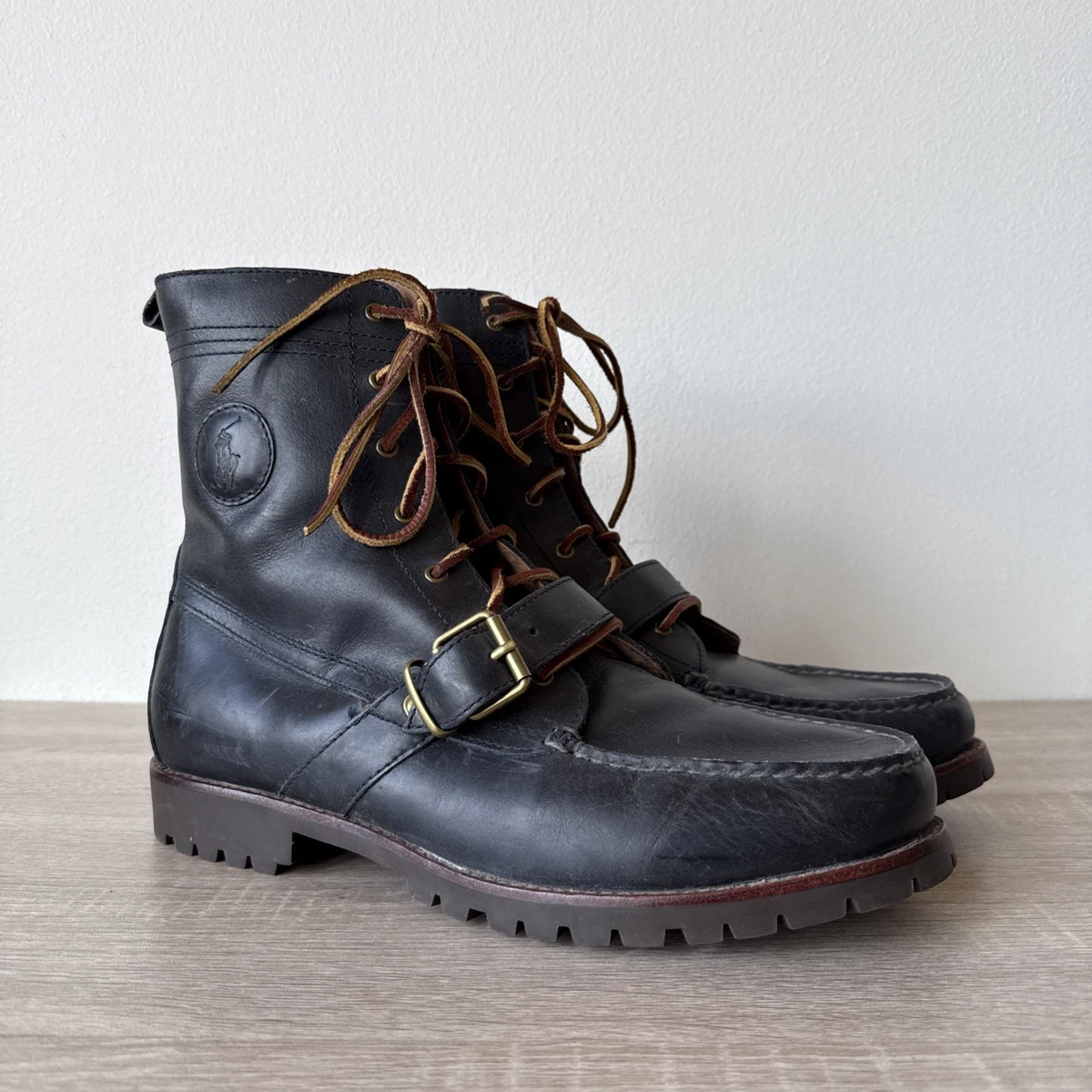 Polo Ralph Lauren Mens‎ 12D Boots Black Leather Quilted Moc Toe Saddle Worth III Polo Ralph Lauren Buckle Leather Upper Boots for Men for  main image 2