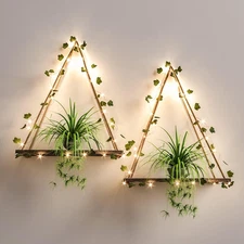 Artificial Ivy Led-Strip Wall Hanging Shelves Set of 2, Macrame Shelf for Bedroo