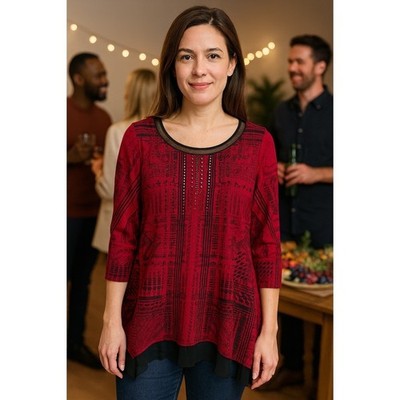 One World Women Small Red Embellished 3/4 Sleeve Asymmetric Tunic Top Casual