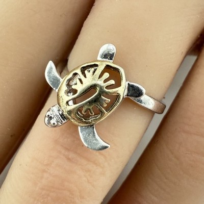 Vintage 925 Sterling Silber Ring bicolor Meeresschildkröte Größe 6 (2,2 g)