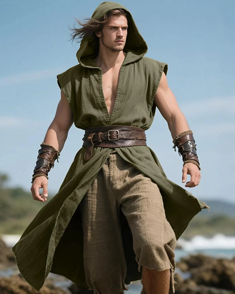 Abrigo medieval con capucha para hombre túnica renacentista tabardo sin mangas... Foto 3 de 4