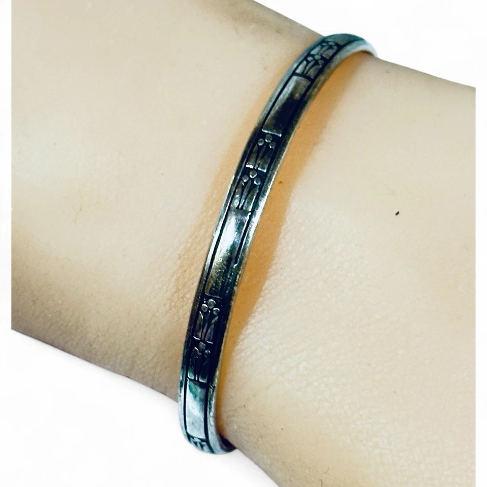 Ed Levin arts and crafts slender sterling silver cuff signed vintage bracelet 6” - Image 2 of 3