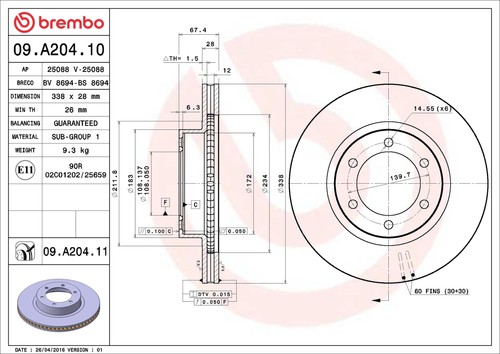 2x Brake Discs Pair Vented Front 338mm 09.A204.11 Brembo Set 4351260150 Quality - Picture 2 of 3