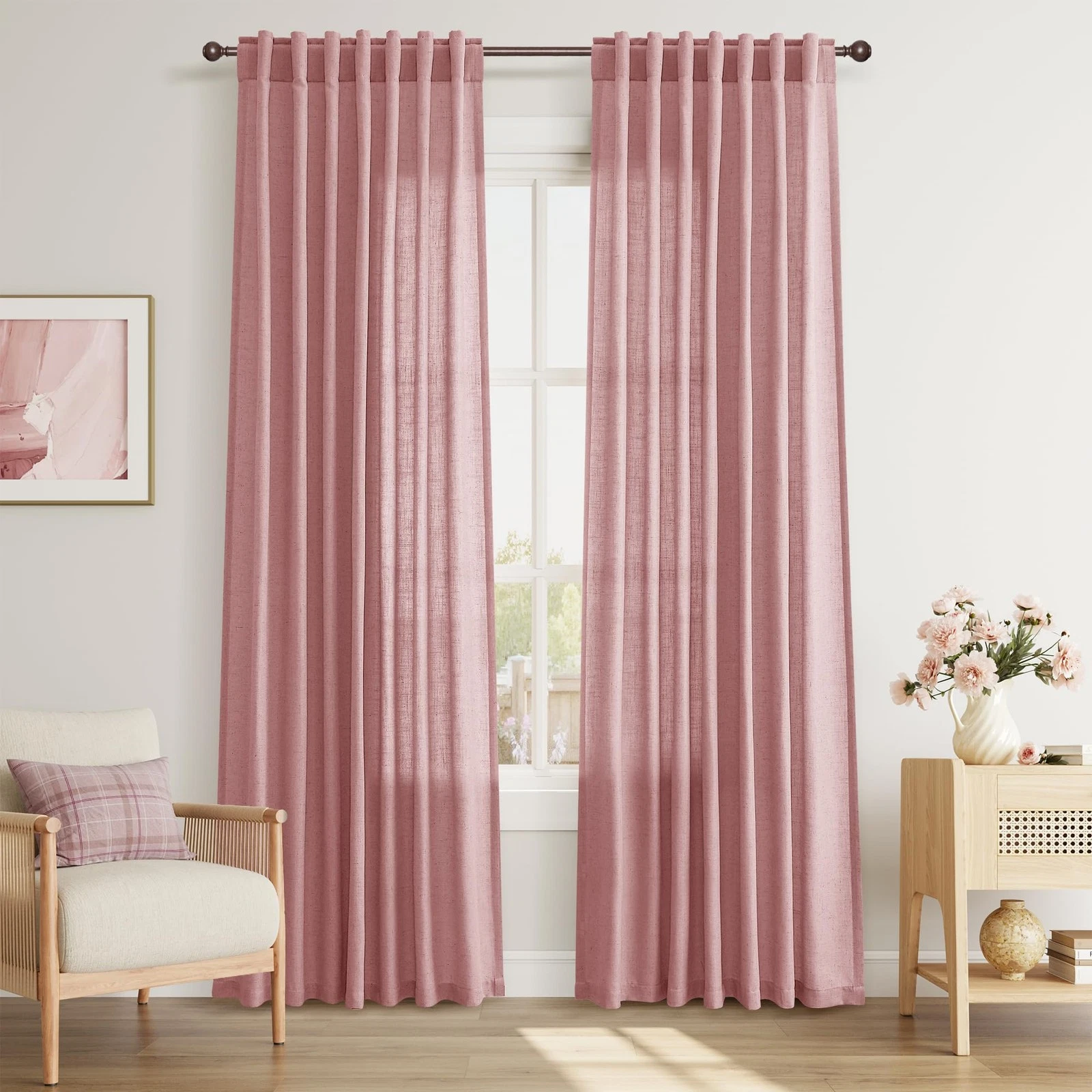 Joywell Canyon Rose Back Tab Rod Pocket Linen Curtains 90 Inches Long 2 Panels