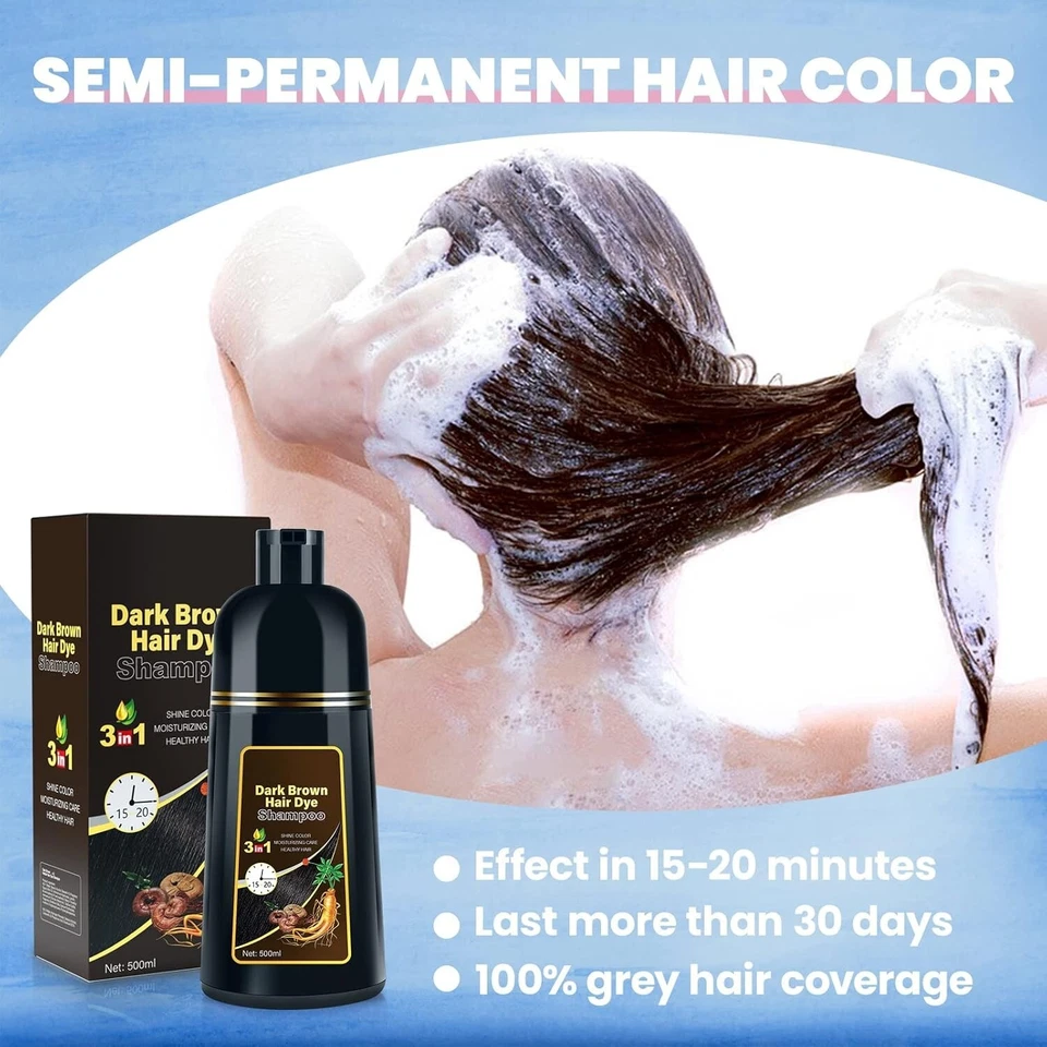 Dark Brown Hair Dye Shampoo Instant 3 in 1+100% Grey Coverage Herbal Ingredients - Image 3 of 4