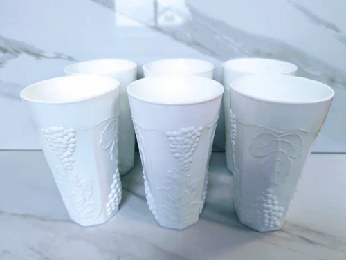 Vintage 6 Indiana Milk Glass 6" Tumblers With Harvest Grape Pattern