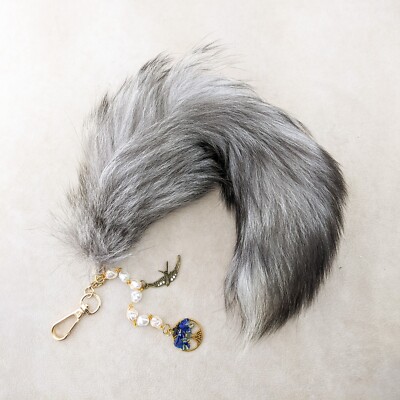 h74f Fox Tail 16'' silver W/ pearl embellishments talisman purse bling gift large
