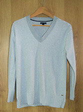 TOMMY HILFIGER Grey Striped V Neck Pullover Jumper - Medium