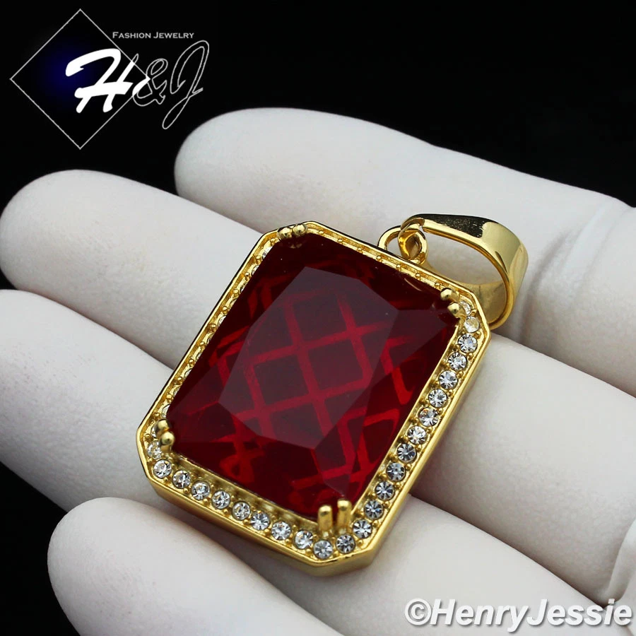 Pingente de rubi simulado corrente elos caixa folheada a ouro aço inoxidável 24"MEN*103 - Imagem 2 de 4