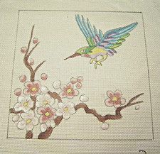 Hand Painted Needlepoint Canvas Hummingbird Cherry Blossoms 5 X 5 Signed Zulr