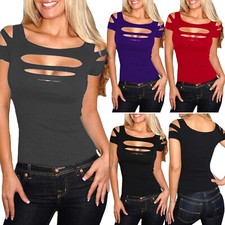 Women Sexy Cut Out T-Shirt Summer Short Sleeve Slim Fit Basic Tops Party Blouse