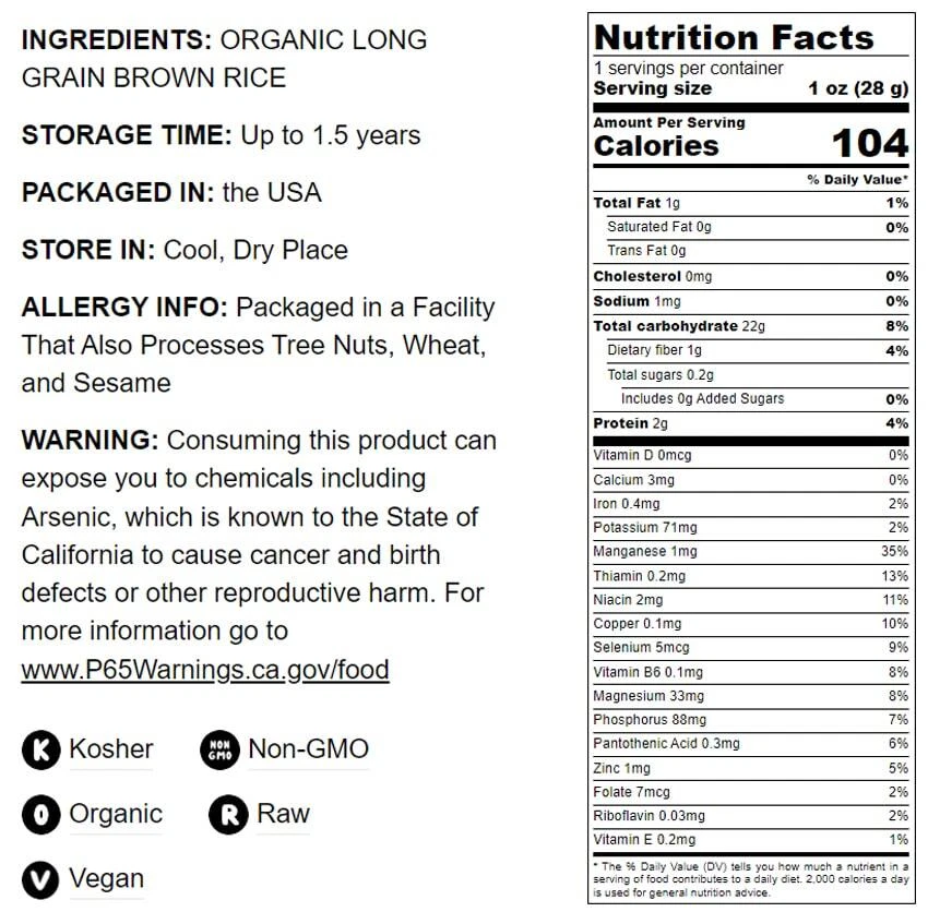 Arroz integral orgánico de grano largo — sin OGM, kosher, crudo, vegano — de Food to Live ® Foto 2 de 4