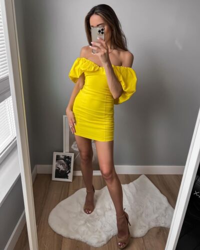 ZARA YELLOW VOLUMINOUS GATHERED DRESS, SIZE S ,BNWT - Picture 1 of 11