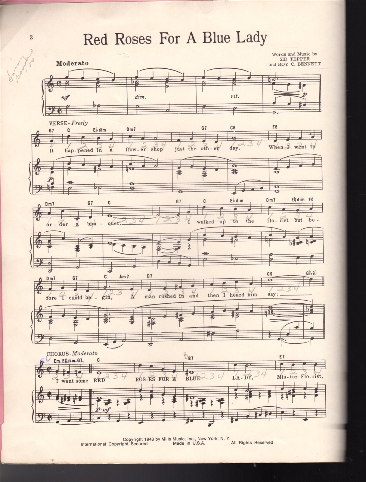 Red Roses For A Blue Lady Sheet Music 1948 Bert Kaempfert eBay