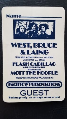 WEST, BRUCE & LAING / MOTT THE HOOPLE VINTAGE ORIGINAL 70's CLOTH BACKSTAGE PASS