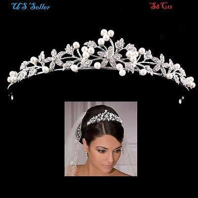 Pearl Hair Jewelry Flower Crystal Rhinestone Tiara Crown Hair Comb Headpieces 