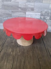 Wood Pedestal Red Scalloped Metal Top Cake, Cupcake Display Stand 8" x 4"