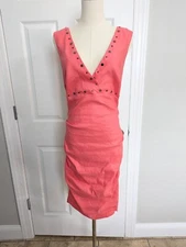 Nicole Miller Collection Ruched Dress Coral Size 8 Studded Embellished V Neck