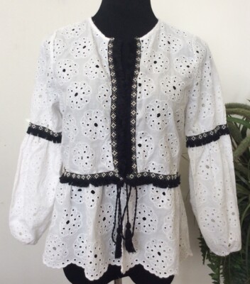 New Zara Basic Women s White Floral Lace 100% Cotton Blouse Top Size L, Ret. $69