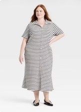 Women's Short Sleeve Button-Down Midi Dress - A New Day Cream/Black Striped
