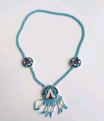 Vtg Handmade Southwestern Necklace Blue Seed Bead Long 3 Medallion Artisan 32''