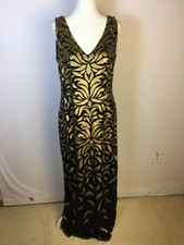 Aidan Mattox Gown Long Dress Sz 8 Womans Black 100% Silk Gold Sequin Vintage Y2K