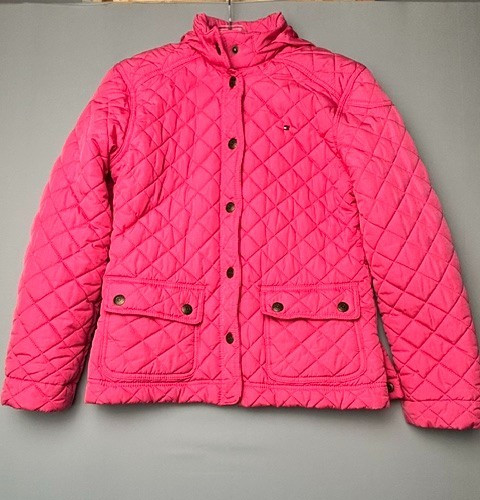 Tommy Hilfiger Girl XL Pink Quilted Jacket Hooded Snap Front Lightweight Coat