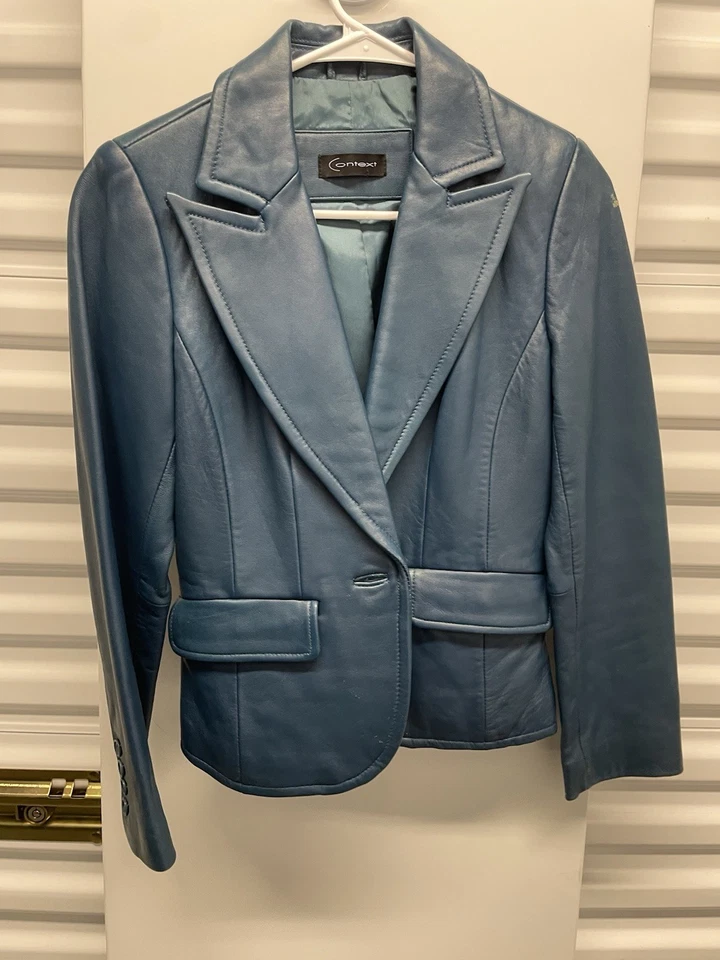 Leather Coat Women Turquoise Blue - Image 2 of 4