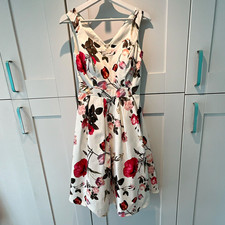 Quiz White Satin Floral V-Neck Strappy Fit & Flare Knee Dress UK 8