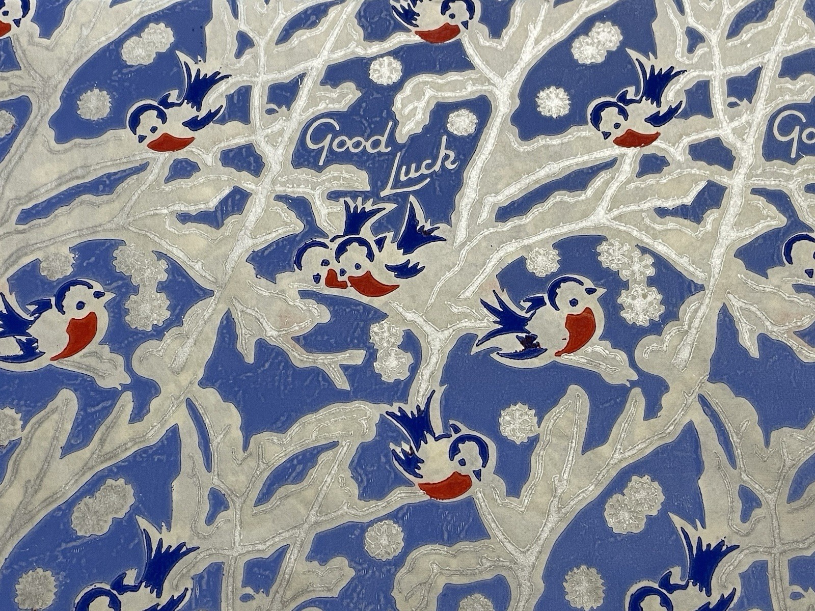 Gift Wrap  Nos Winter Birds Snow On Blue Silver