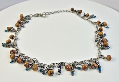 Vintage Boho Wood Bead Blue Glass Dangle Anklet 10" Adjustable Silver Tone Beach
