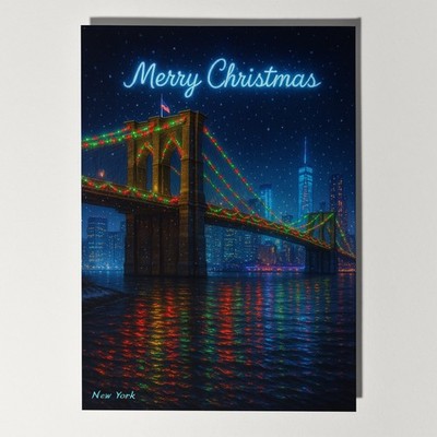 Lichter über New York Brooklyn Bridge Frohe Weihnachten Karte Umschlag personalisiert