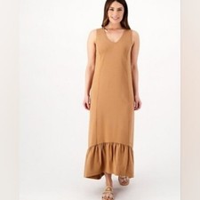 ISAAC MIZRAHi Live Essentials Tan V-Neck Maxi Dress Size Medium
