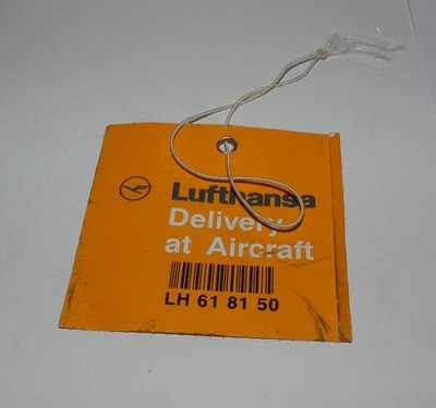 VINTAGE LUFTHANSA AIRLINES BAG TAG DELIVERY AT AIRCRAFT USED