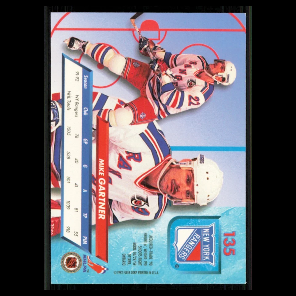 Mike Gartner #135 1992 Fleer Ultra New York Rangers Hockey Card NHL NM - Image 2 of 3