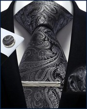 Mens Tie Set Silk Silver Paisley Floral Necktie and Pocket Square Cufflinks Tie