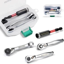 GEINXURN Mini Ratchet Wrench & Bit Holder Set 1/4" Drive 4PCS