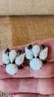 Vintage Clip On Earrings With Milk Glass & Black Rhinestones Measure .93" Pretty