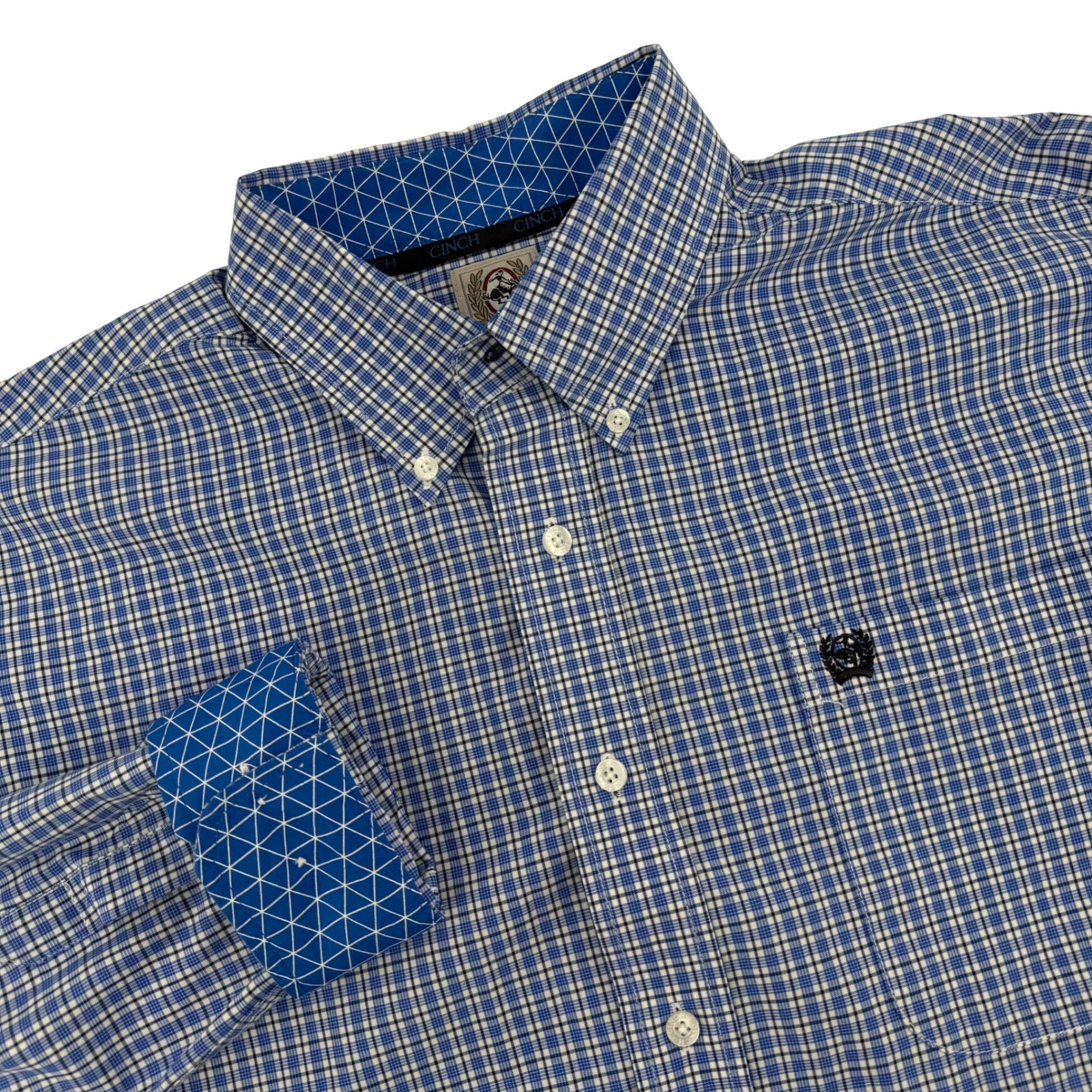 Cinch Mens Long Sleeve Plaid Button Down Shirt Blue White Flip Cuff Size Small
